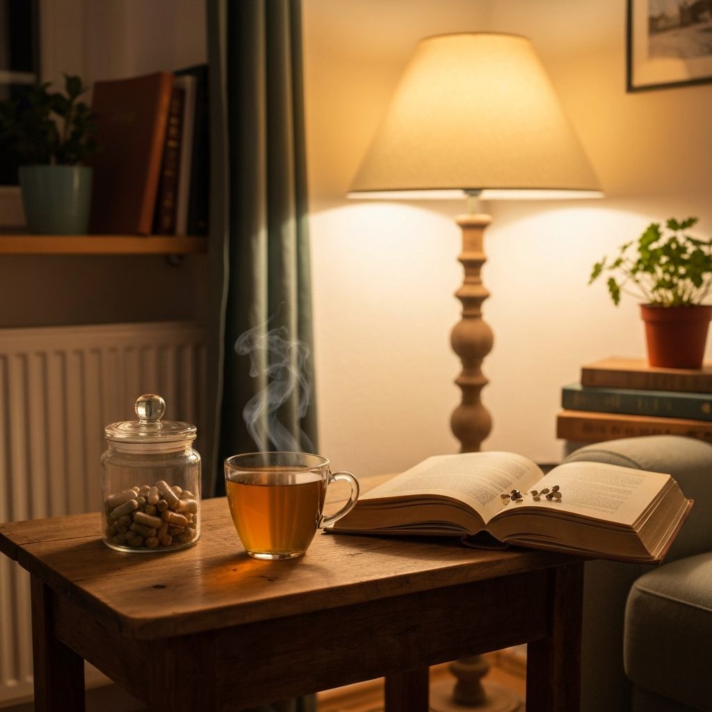 Friedliche Abendszene mit Kräutertee, Nahrungsergänzungsmitteln, Buch und gedimmtem Lampenlicht