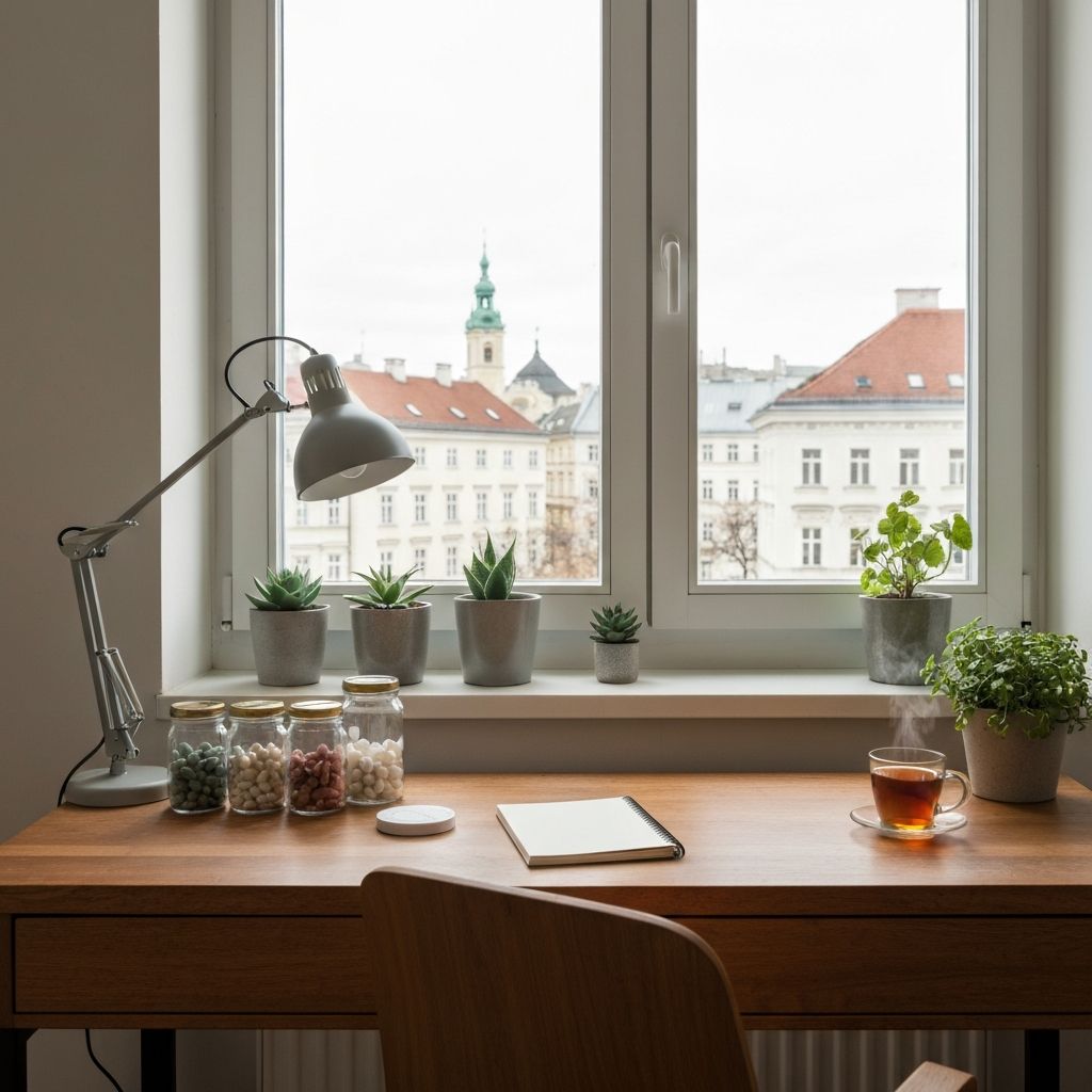 Gemütliches Heimbüro mit Glasdosen voller Nahrungsergänzungsmittel, Pflanzen und Tee