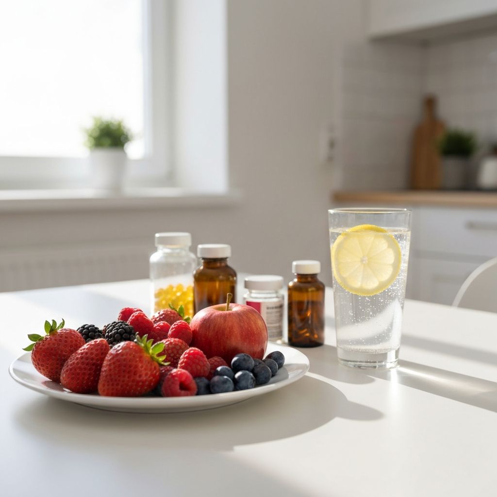 Glas Wasser mit Zitrone, frische Beeren und Vitamine auf weißem Teller