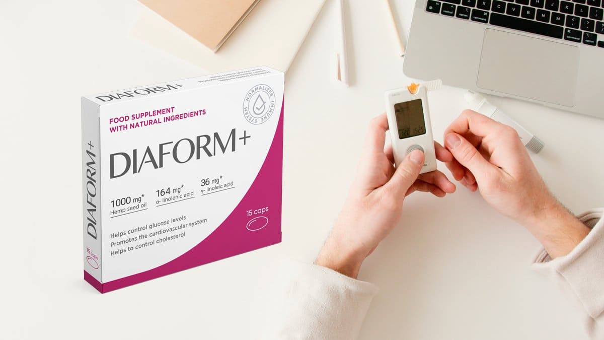 Confezione di capsule Diaform+, un integratore alimentare per supportare il benessere delle persone con diabete.